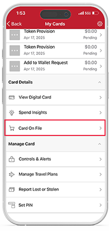 Viewing merchants, recurring payments, and your card(s) on file