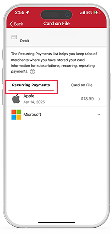 Viewing merchants, recurring payments, and your card(s) on file
