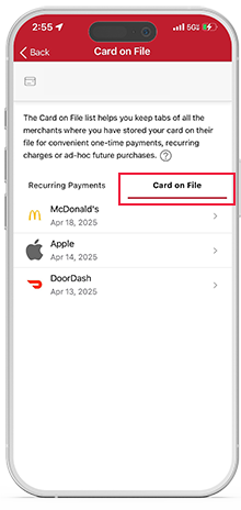 Viewing merchants, recurring payments, and your card(s) on file