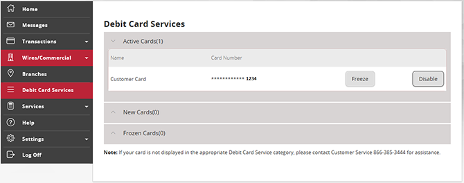 Card Control Menu List - Select Debit Card Services