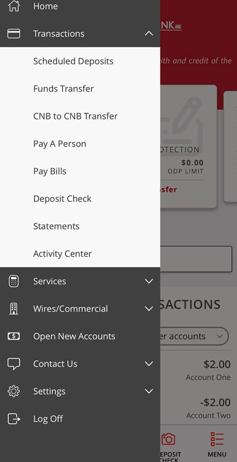 Online Banking Mobile App menu