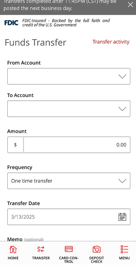 Online Banking Mobile App transfer funds