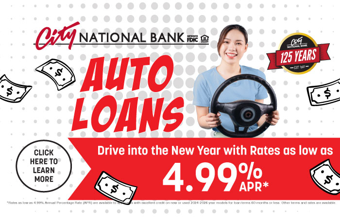 Low auto loan rates and local financing from City National Bank.