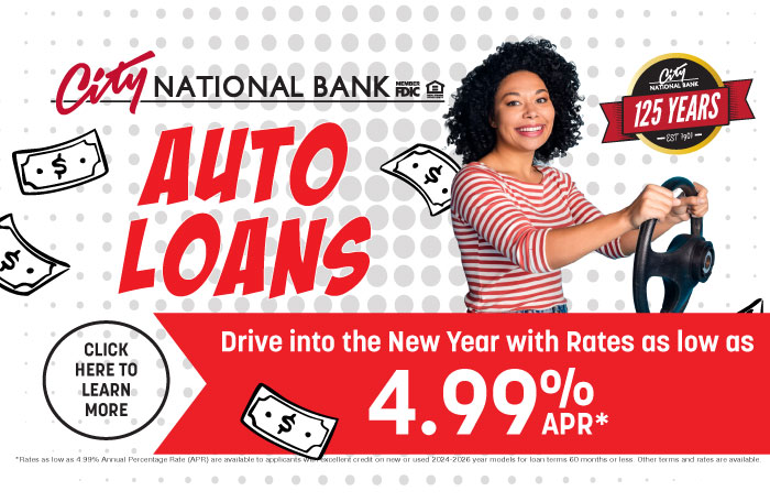 Auto loans from City National Bank as low as 4.99% APY*!
